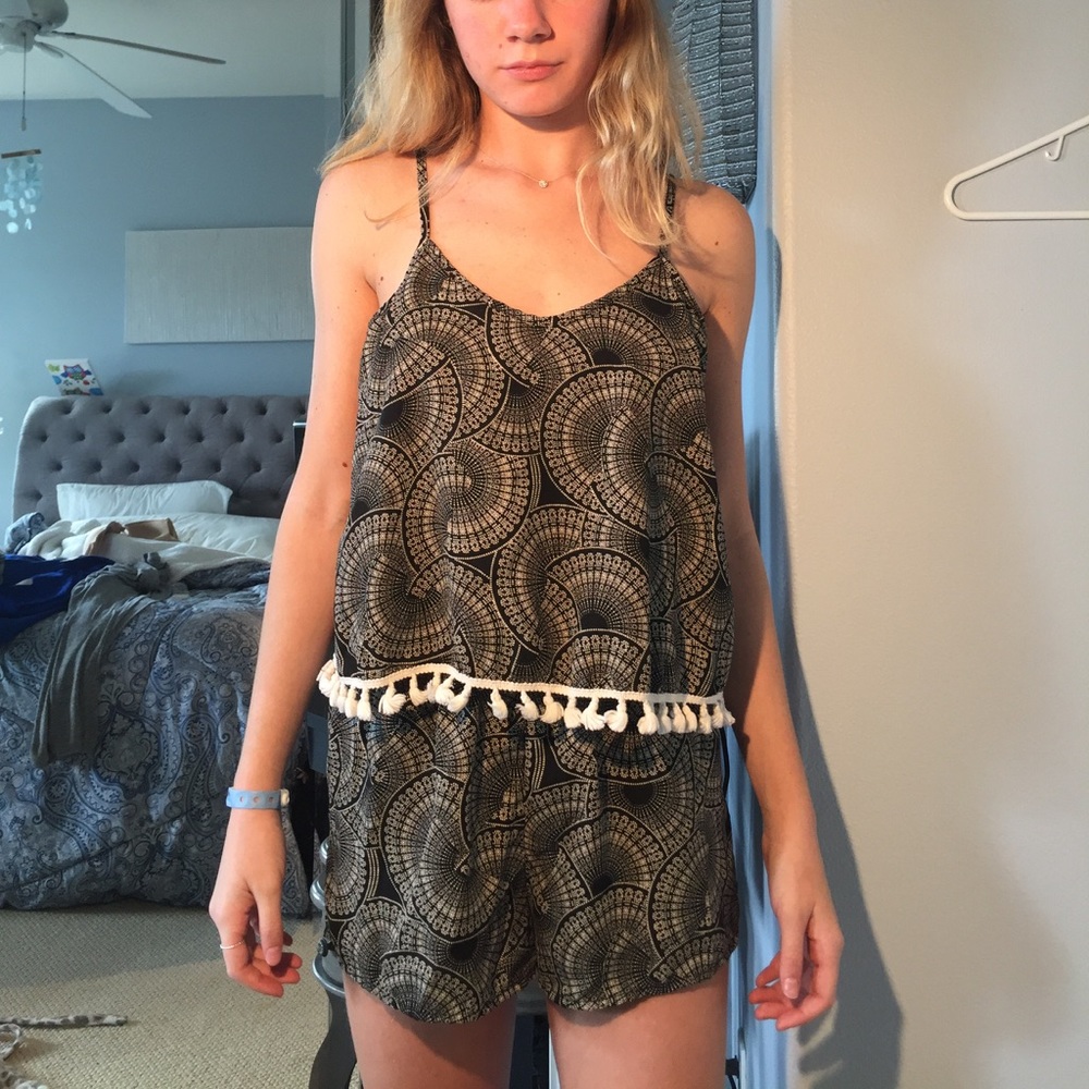 Black and Olive Green Romper with White Tassels